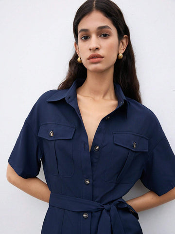 Women's Solid Color Button Front Flip Pocket Leisure Romper Shorts