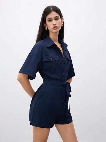 Women's Solid Color Button Front Flip Pocket Leisure Romper Shorts