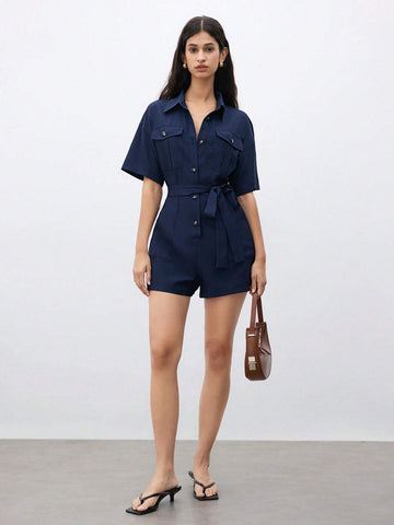 Women's Solid Color Button Front Flip Pocket Leisure Romper Shorts