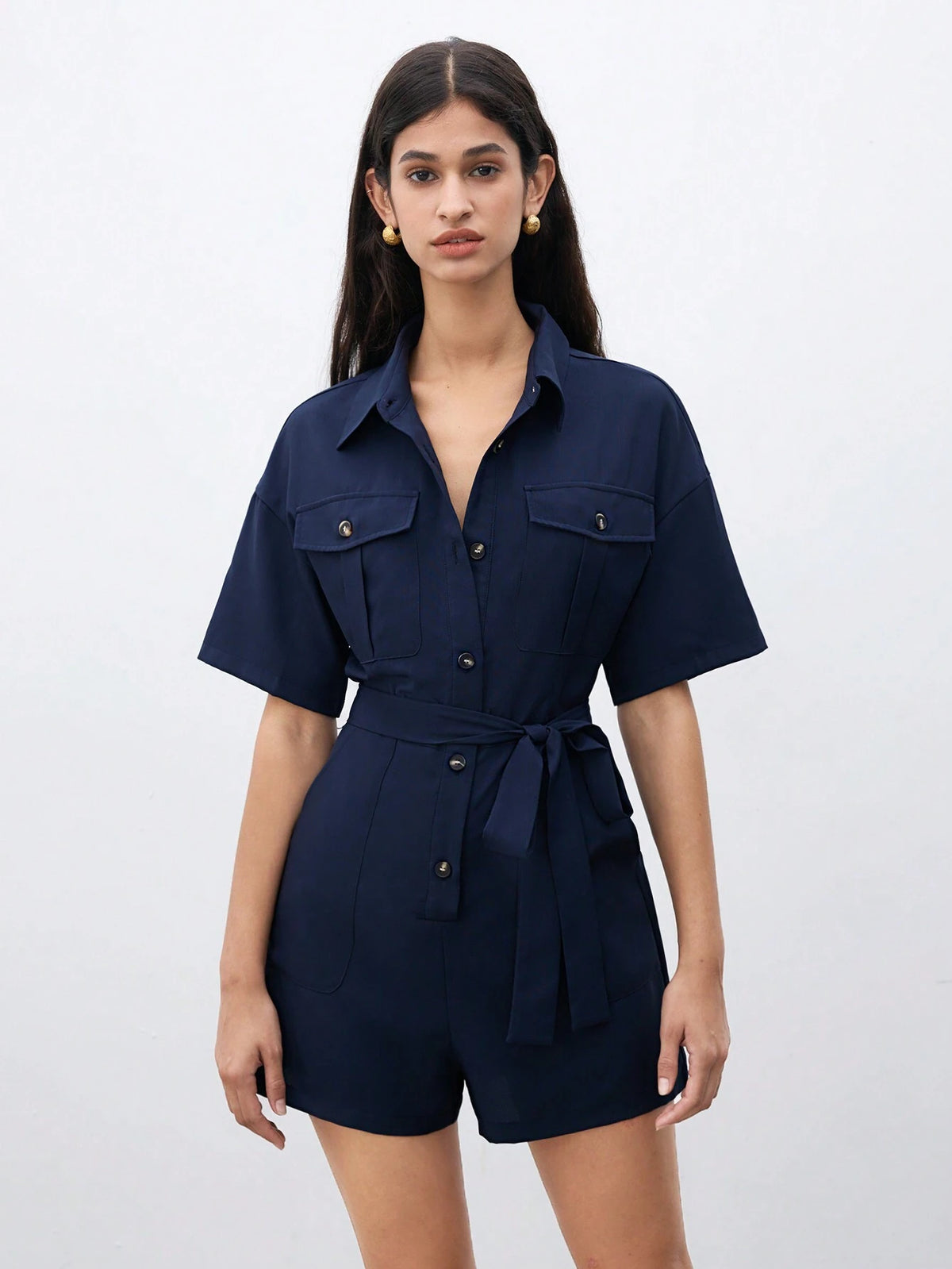 Women's Solid Color Button Front Flip Pocket Leisure Romper Shorts