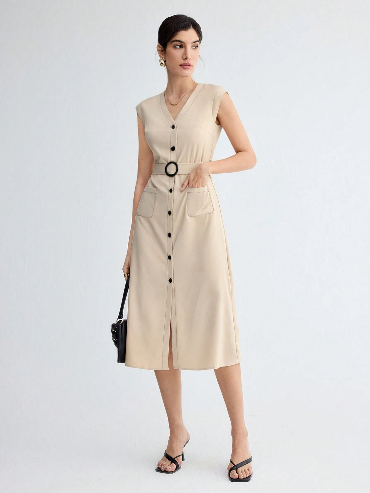 Women's Solid Color Button Front Patch Pocket Belted Shirt Dress