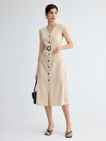 Women's Solid Color Button Front Patch Pocket Belted Shirt Dress