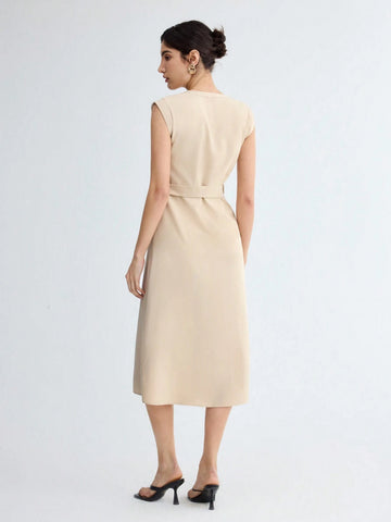 Women's Solid Color Button Front Patch Pocket Belted Shirt Dress