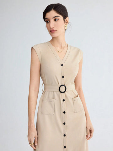Women's Solid Color Button Front Patch Pocket Belted Shirt Dress