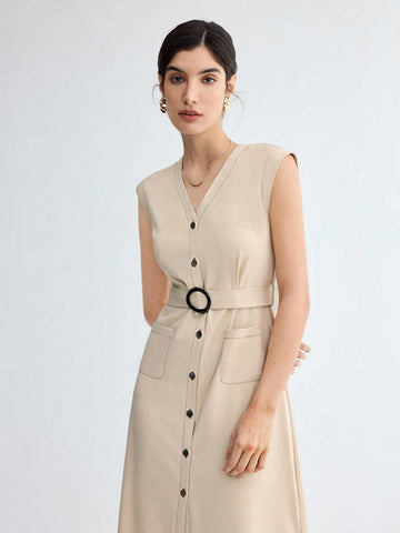Women's Solid Color Button Front Patch Pocket Belted Shirt Dress