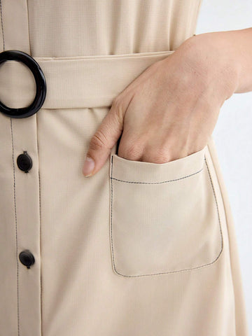 Women's Solid Color Button Front Patch Pocket Belted Shirt Dress
