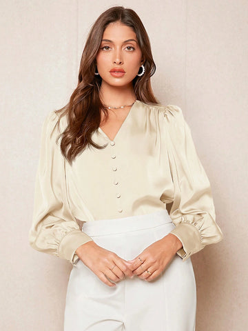 BIZwear Women's Solid Color Button Lantern Sleeve Satin Long Sleeve Shirt, Elegant Office Casual Blouse