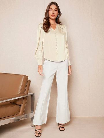 BIZwear Women's Solid Color Button Lantern Sleeve Satin Long Sleeve Shirt, Elegant Office Casual Blouse