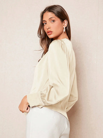 BIZwear Women's Solid Color Button Lantern Sleeve Satin Long Sleeve Shirt, Elegant Office Casual Blouse