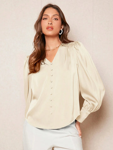 BIZwear Women's Solid Color Button Lantern Sleeve Satin Long Sleeve Shirt, Elegant Office Casual Blouse