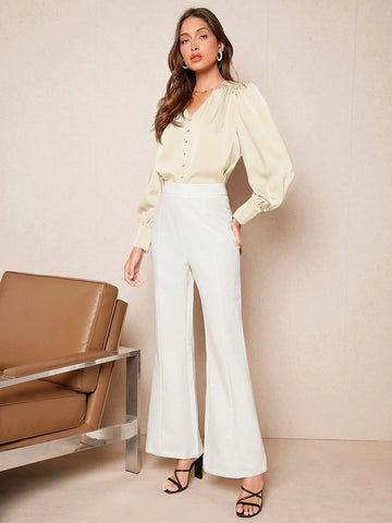 BIZwear Women's Solid Color Button Lantern Sleeve Satin Long Sleeve Shirt, Elegant Office Casual Blouse