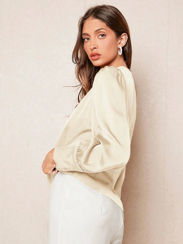 BIZwear Women's Solid Color Button Lantern Sleeve Satin Long Sleeve Shirt, Elegant Office Casual Blouse