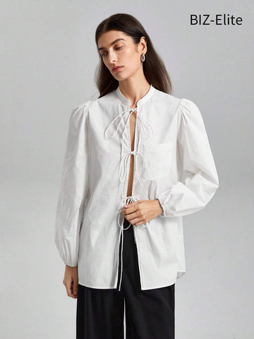 BIZwear Women's Solid Color Lantern Sleeve Lace-up Shirt