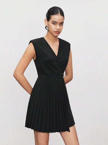 BIZwear Women's Solid Color Pleated Wrap Front Dress With Spliced Details