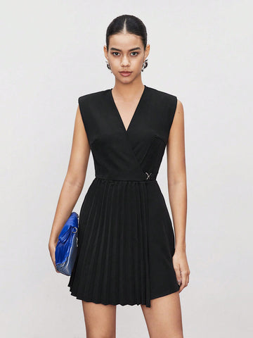BIZwear Women's Solid Color Pleated Wrap Front Dress With Spliced Details