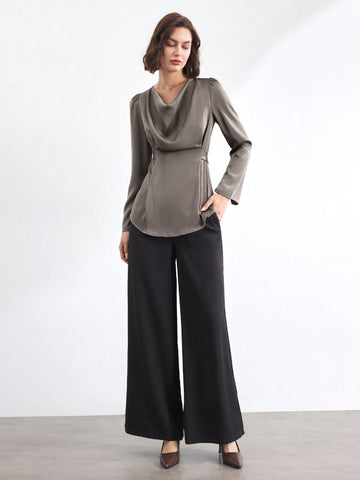 BIZwear Women's Solid Color Ruffle Collar Long Sleeve Elegant Cinched Cinched Waist-Front Blouse