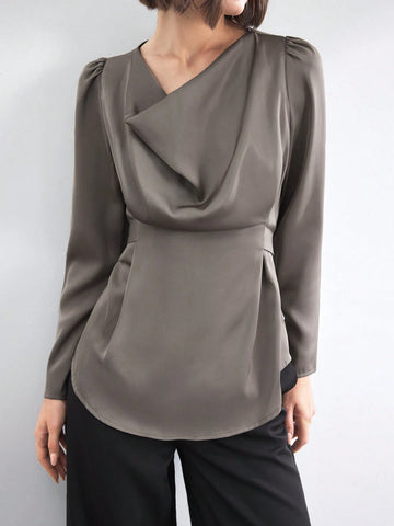 BIZwear Women's Solid Color Ruffle Collar Long Sleeve Elegant Cinched Cinched Waist-Front Blouse