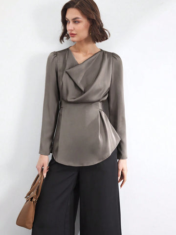 BIZwear Women's Solid Color Ruffle Collar Long Sleeve Elegant Cinched Cinched Waist-Front Blouse