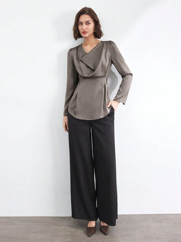 BIZwear Women's Solid Color Ruffle Collar Long Sleeve Elegant Cinched Cinched Waist-Front Blouse