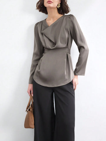 BIZwear Women's Solid Color Ruffle Collar Long Sleeve Elegant Cinched Cinched Waist-Front Blouse