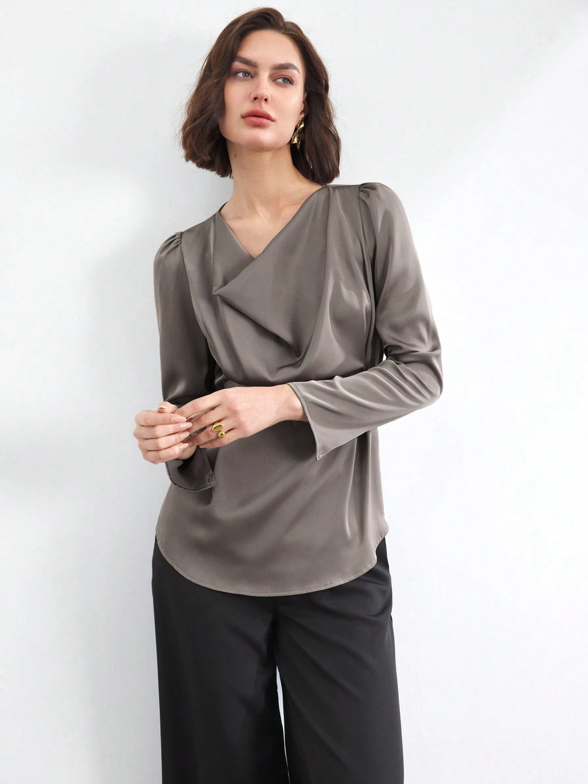 BIZwear Women's Solid Color Ruffle Collar Long Sleeve Elegant Cinched Cinched Waist-Front Blouse