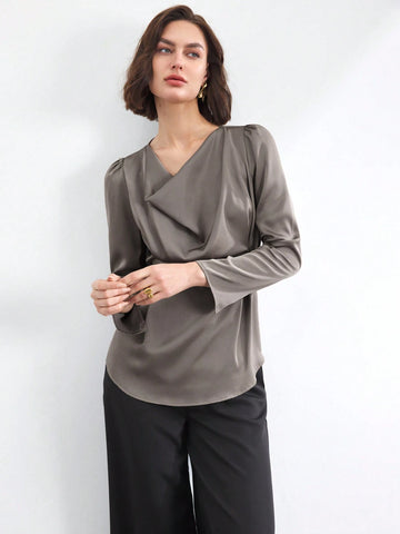 BIZwear Women's Solid Color Ruffle Collar Long Sleeve Elegant Cinched Cinched Waist-Front Blouse