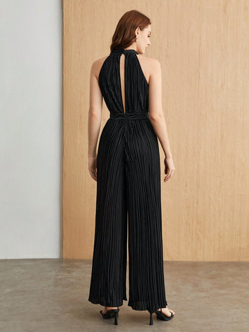 Women's Solid Color Sleeveless Halter Wide Leg Jumpsuit