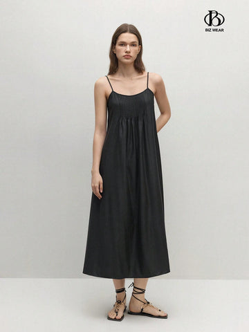 Women's Solid Color Spaghetti Strap Pleated A-Line Loose Dress