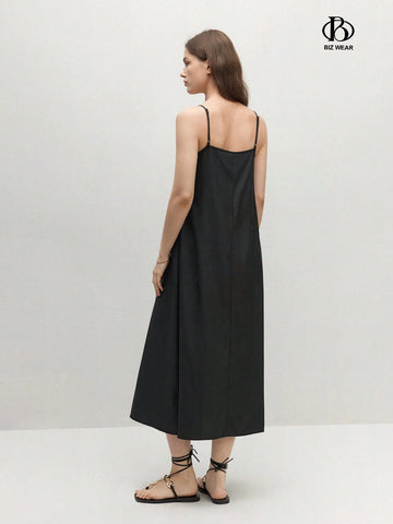 Women's Solid Color Spaghetti Strap Pleated A-Line Loose Dress