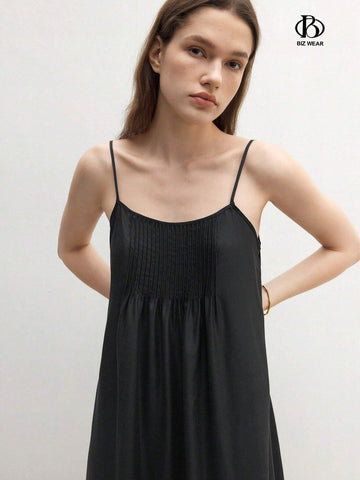 Women's Solid Color Spaghetti Strap Pleated A-Line Loose Dress