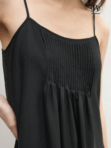 Women's Solid Color Spaghetti Strap Pleated A-Line Loose Dress