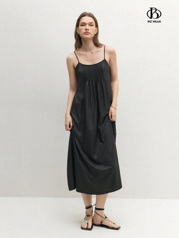 Women's Solid Color Spaghetti Strap Pleated A-Line Loose Dress