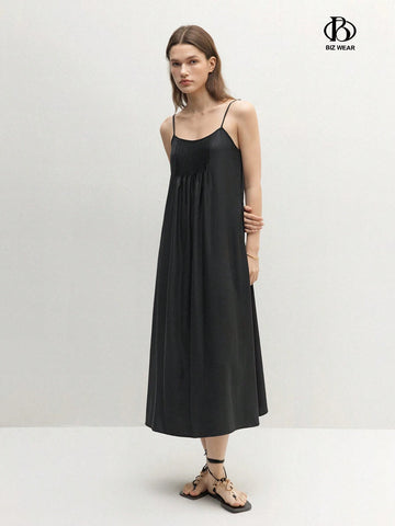 Women's Solid Color Spaghetti Strap Pleated A-Line Loose Dress