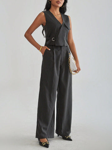 Women's Solid Color Striped Casual Two Piece Set