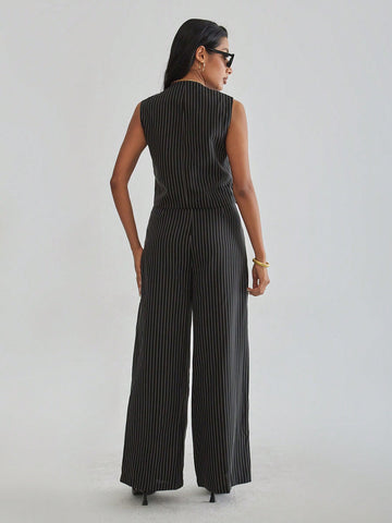 Women's Solid Color Striped Casual Two Piece Set