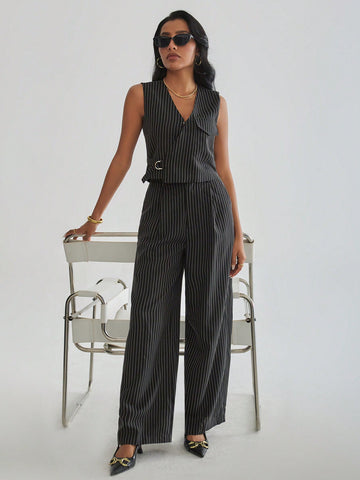 Women's Solid Color Striped Casual Two Piece Set