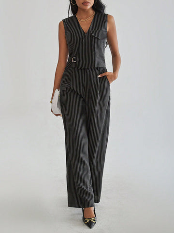 Women's Solid Color Striped Casual Two Piece Set