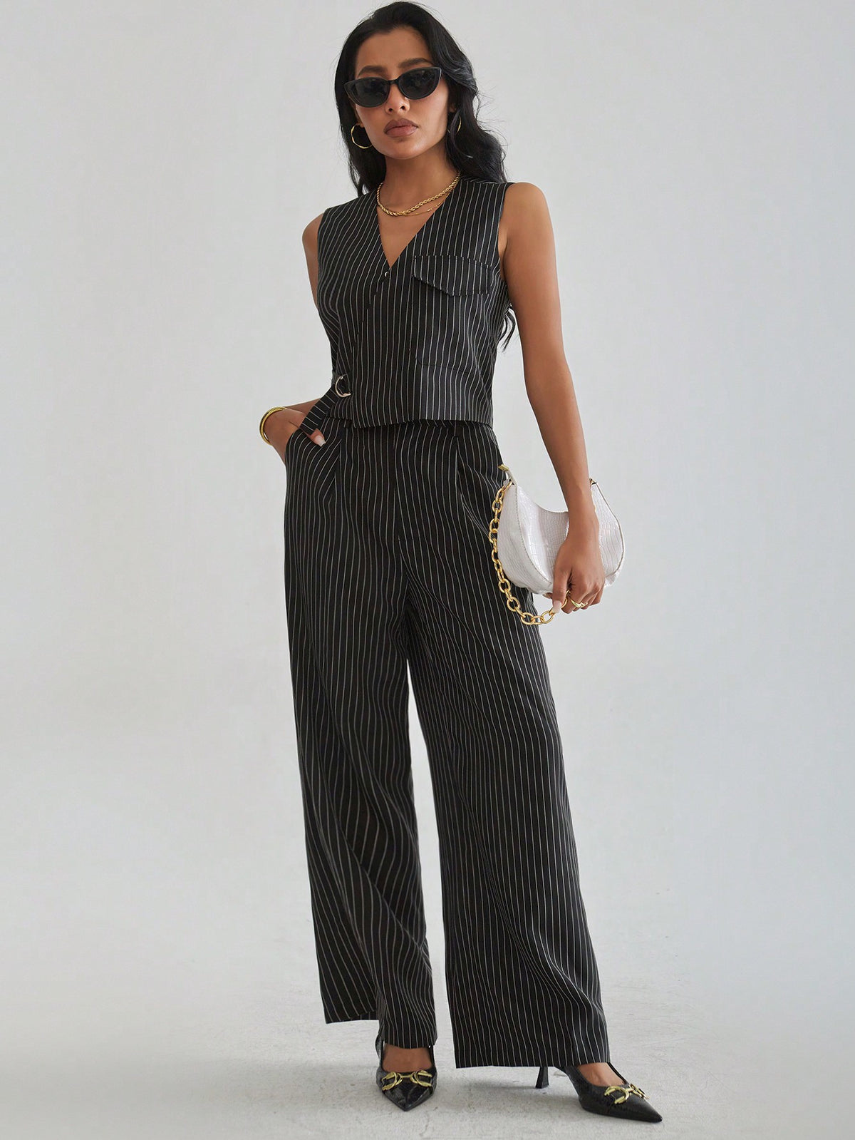 Women's Solid Color Striped Casual Two Piece Set