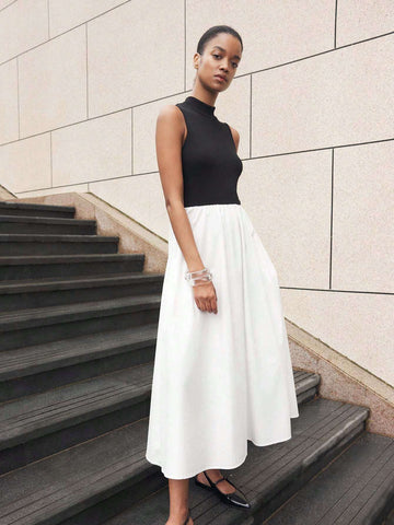 Women's Stand Collar Colorblock Sleeveless Dress With Pocket, Elegant, Summer