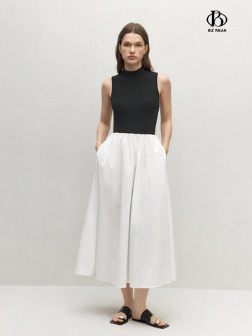Women's Stand Collar Colorblock Sleeveless Dress With Pocket, Elegant, Summer