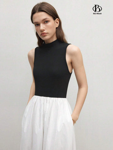 Women's Stand Collar Colorblock Sleeveless Dress With Pocket, Elegant, Summer