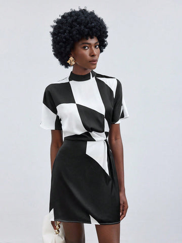 Women's Stand Collar Geometric Printed Short Sleeve Dress