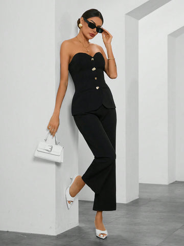 Women's Strapless Jumpsuit And Pants Set, Black