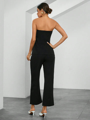 Women's Strapless Jumpsuit And Pants Set, Black