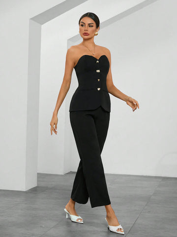 Women's Strapless Jumpsuit And Pants Set, Black