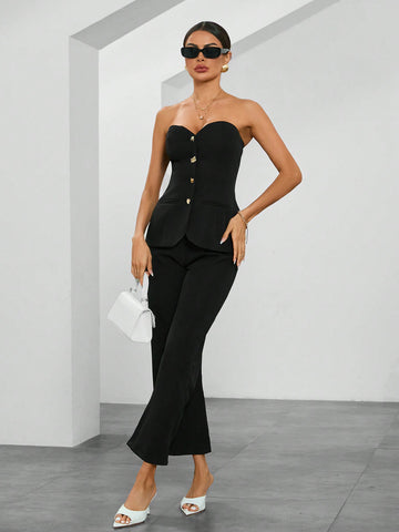 Women's Strapless Jumpsuit And Pants Set, Black