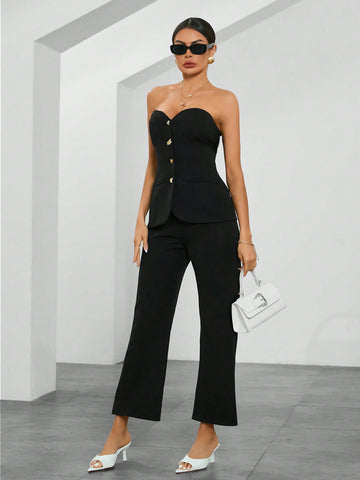 Women's Strapless Jumpsuit And Pants Set, Black
