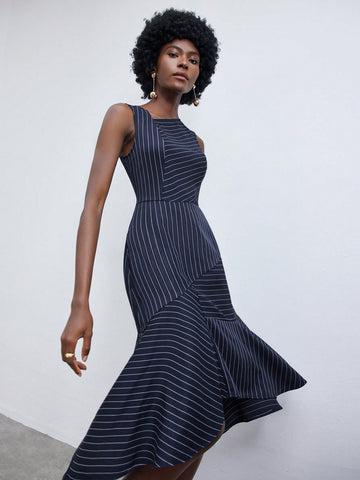Women's Striped Asymmetrical Neck Ruffle Hem Sleeveless Dress