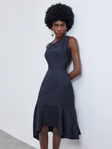 Women's Striped Asymmetrical Neck Ruffle Hem Sleeveless Dress