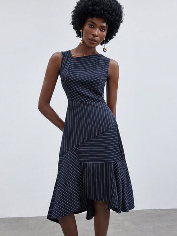 Women's Striped Asymmetrical Neck Ruffle Hem Sleeveless Dress